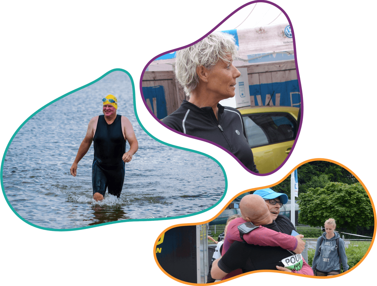 Collage: atlete, zwemmer en finish-omhelzing