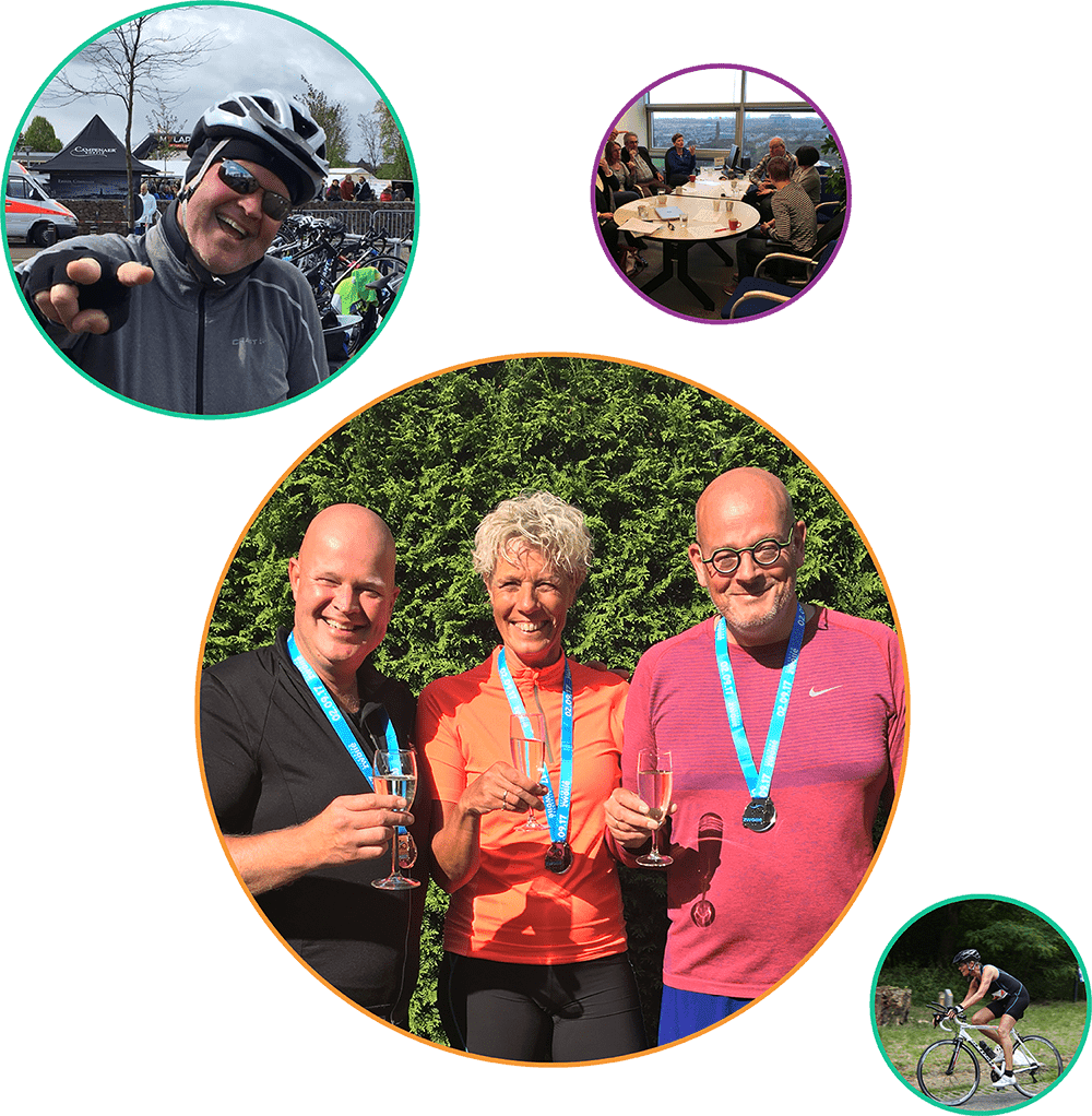 Collage: finish, wielrennen en overleg
